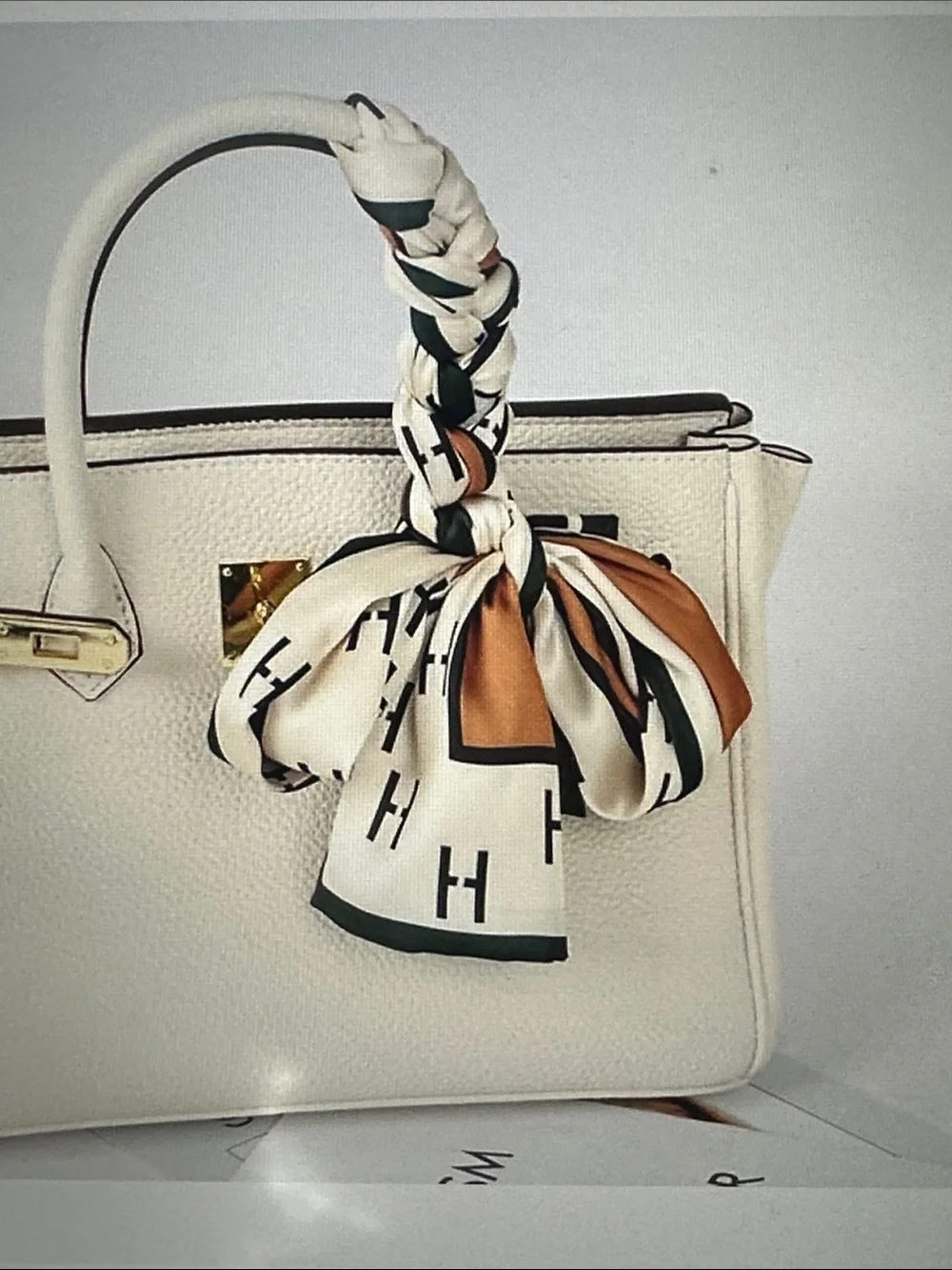 Cream and Camel Silk Scarf with H Pattern